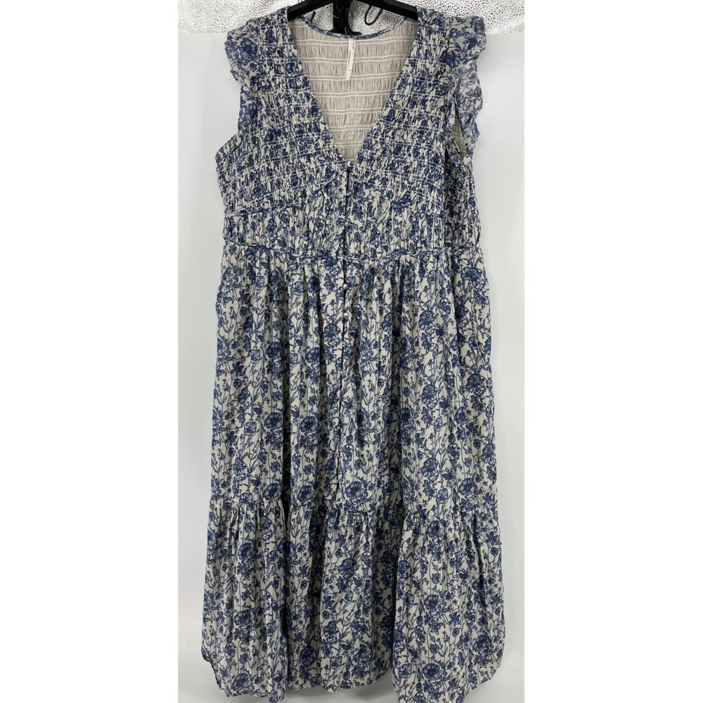 Blue Floral V-Neck Tiered Women's Dress